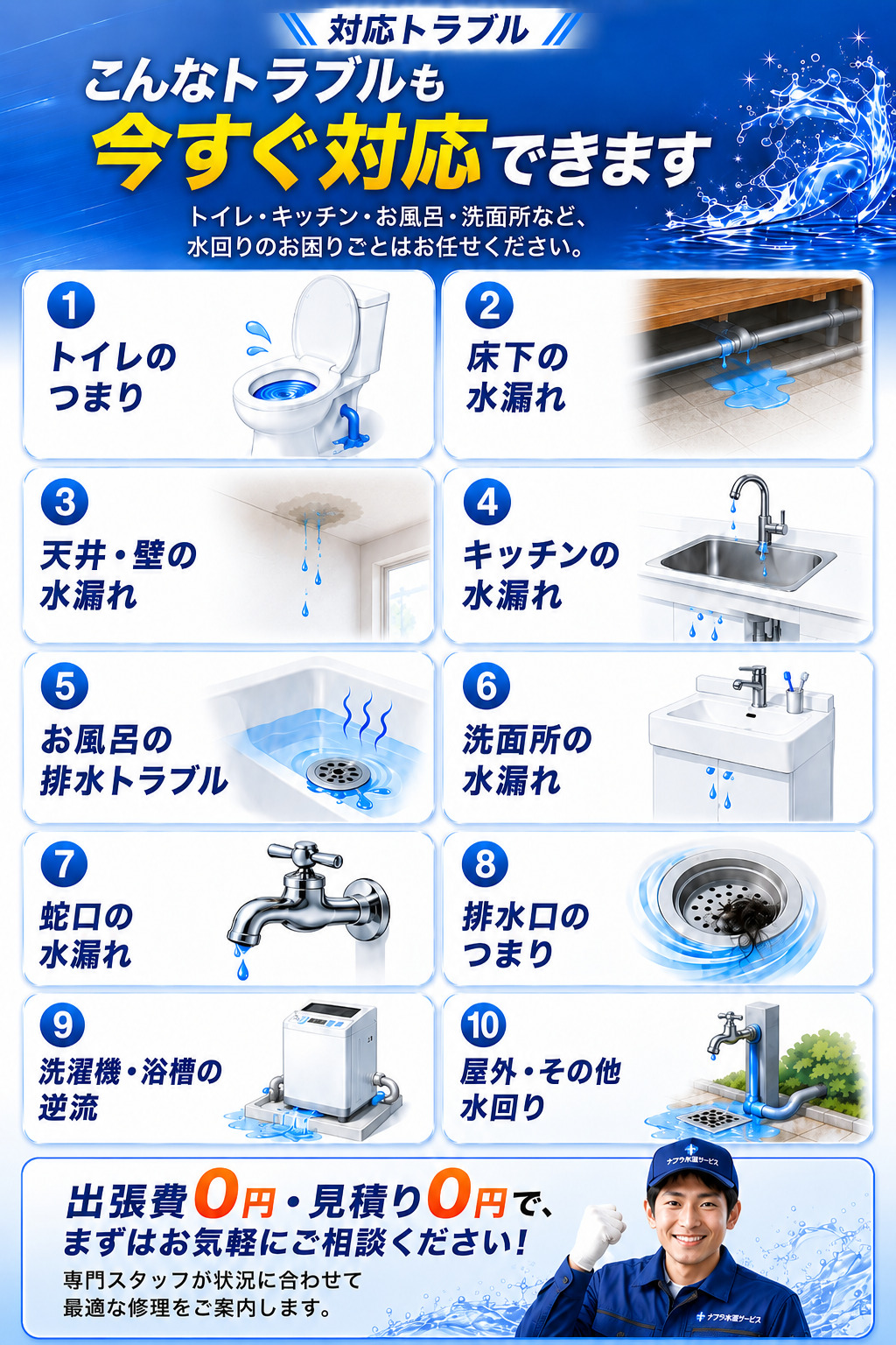 対応トラブル：トイレのつまり・床下の水漏れ・天井や壁の水漏れ・キッチンの水漏れ・お風呂の排水トラブル・洗面所の水漏れ・蛇口の水漏れ・排水口のつまり・洗濯機や浴槽の逆流・屋外の水回り